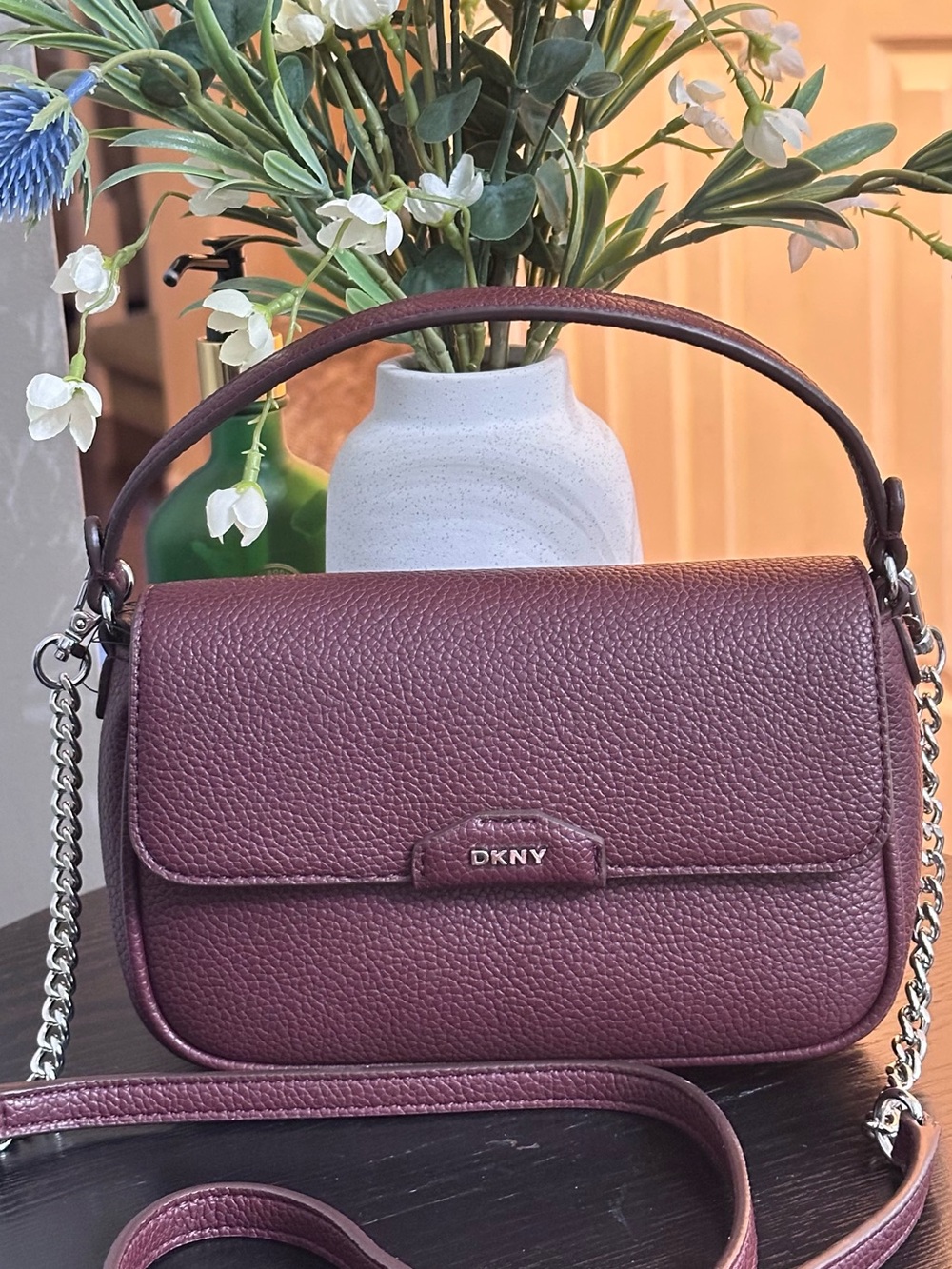 DKNY Pebbled Leather Shoulder Bag in Wine